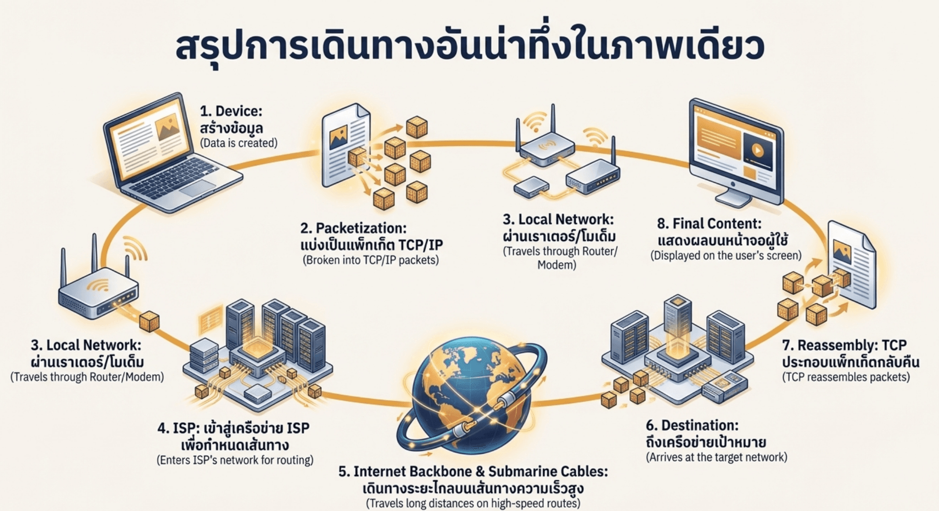 ภาพรวมสุดท้ายของการเดินทางของข้อมูลบน internet